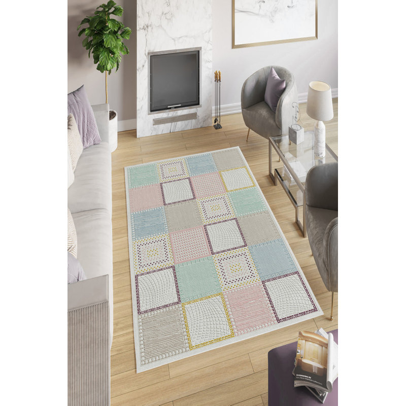 Eco-Friendly Cream Area Rug (4.6 x 7.2 ft), 100% Polyester, 650 GSM, 0.2 in Pile Height | Antibacterial & Non-Slip PVC Dot Underside | Machine Washable, Perfect for Living Room & Bedroom Decor