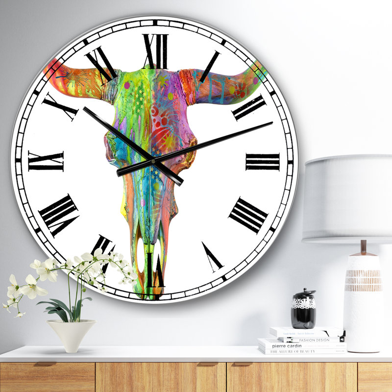 Horloge murale moderne Longhorn Rainbow Skull, Surdimensionné