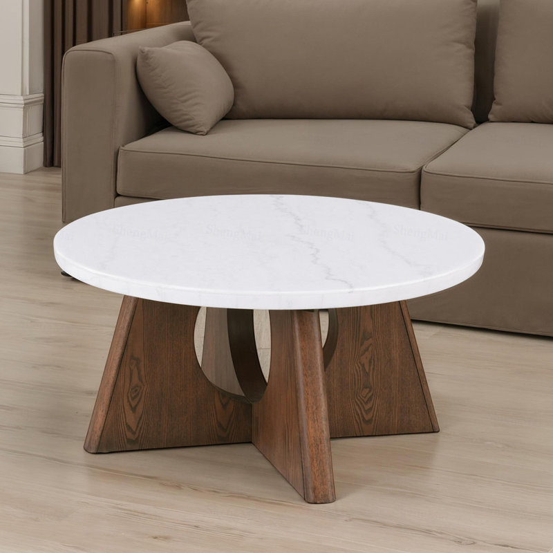 Table basse avec base en marbre et piédestal avec finition en chêne blanc et brun