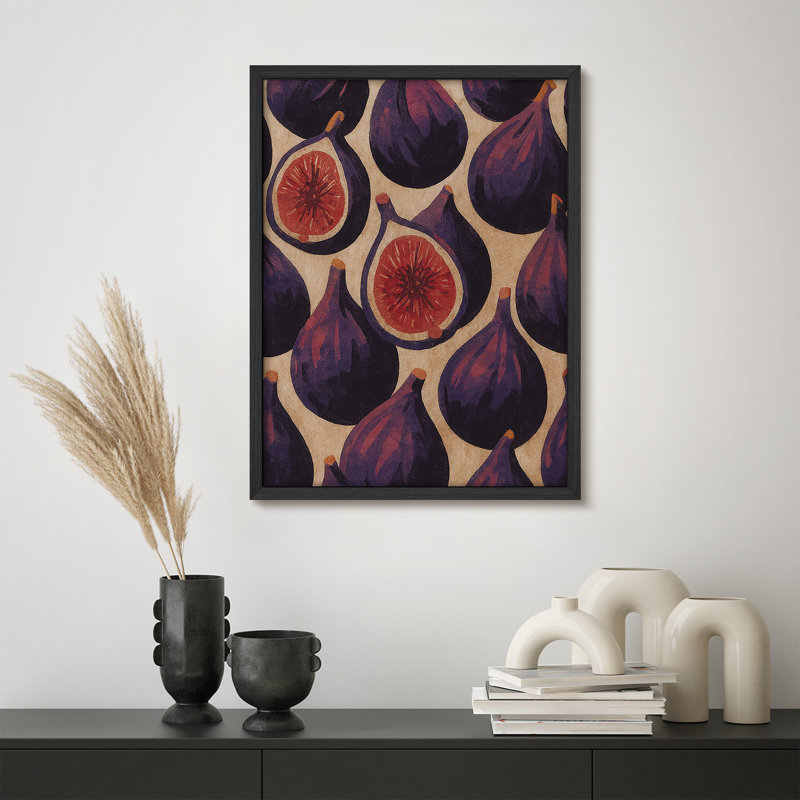 Rustic Figs Illustration Framed Print Wall Art - Vintage Style Purple and Red Fruit Pattern, Whimsical Artwork for Dining Room, Kitchen, or Café Decor