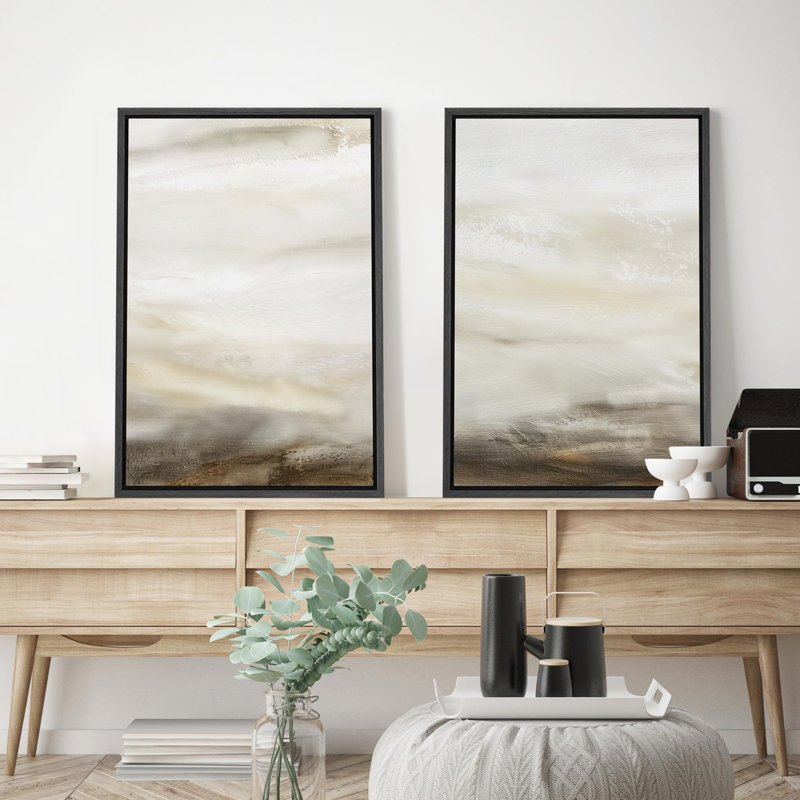 «Line Art Thin Lines Over Plain Tan Abstract Abstract Swirly Modern Art Mid-Century Modern», 2 pièces sur toile, Cadre noir