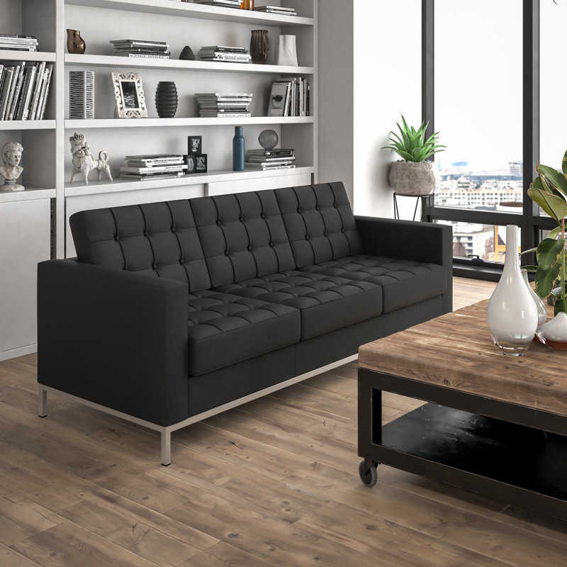 Amjed Contemporary Button Tufted LeatherSoft Sofa w/ Steel Frame, Black