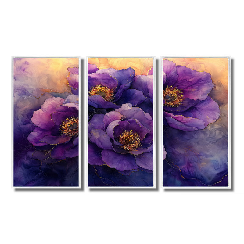 Lavande dorée, pivoines, fleurs, sérénité II - pivoines, art mural - 3 panneaux, H 28 po x l 36 po, Blanc