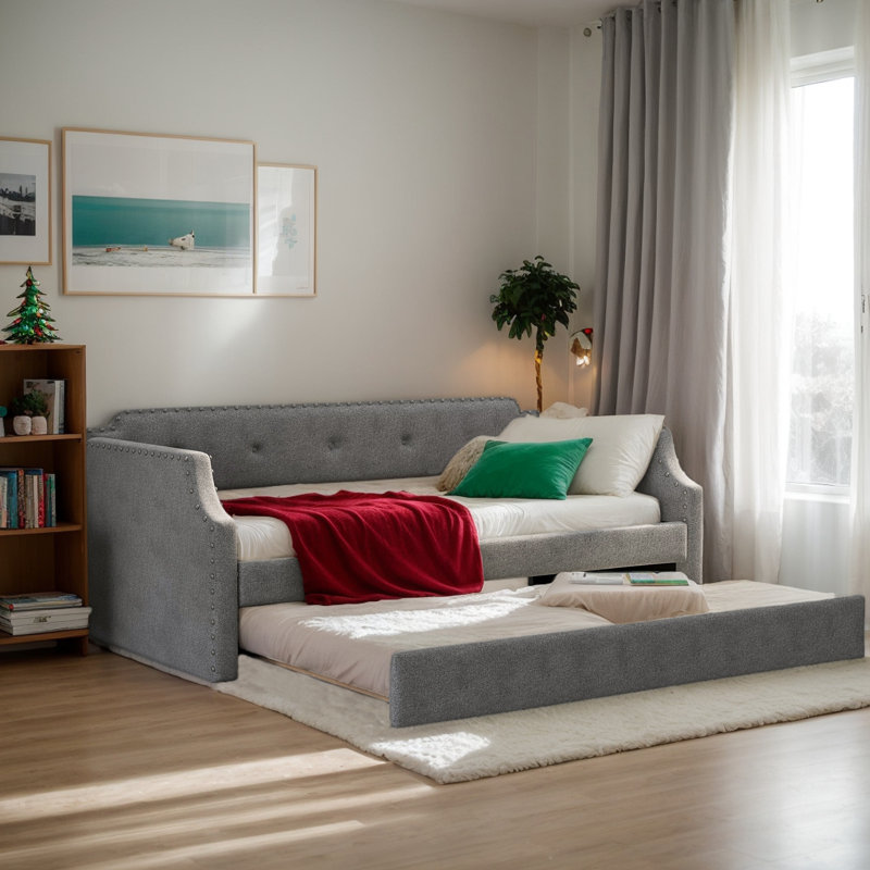 Upholstered Daybed With Trundle, Gray