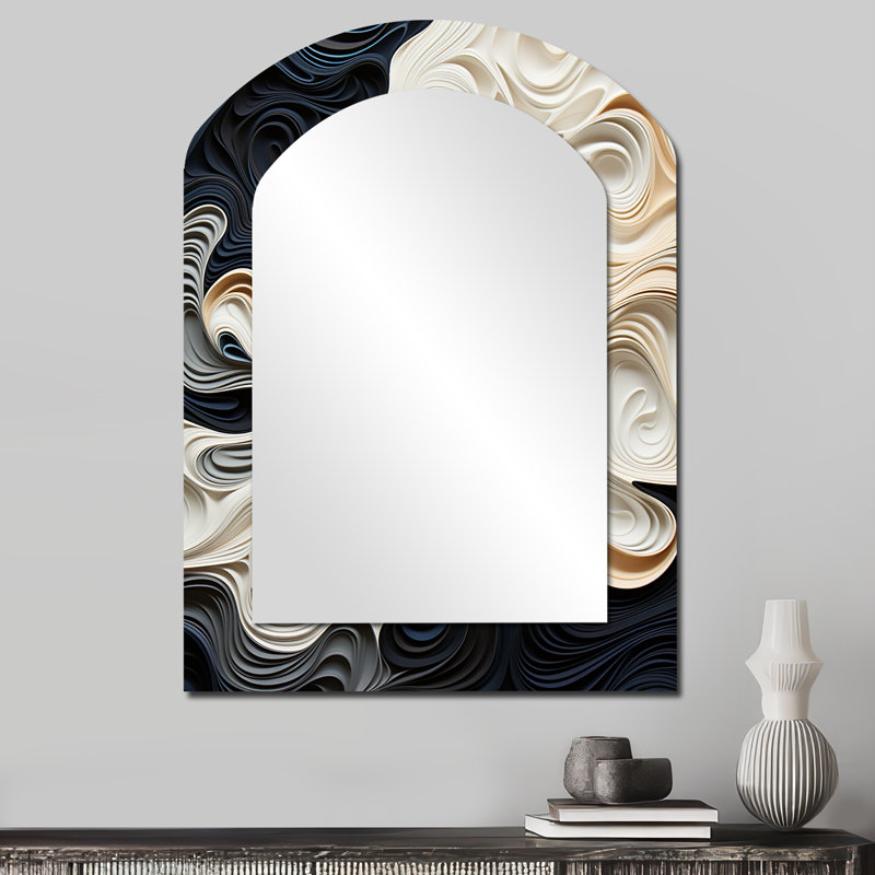 Black White Opt Art Rhythmic Pulses II - Op Art Asymmetrical Mirror, Black Arch Unique Wall Mirror, Printed Metal Art