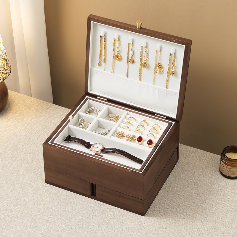 Black Walnut Wooden Jewelry Box, 3-Layer Flip-Top Rotating Organizer for Earrings, Necklaces, Rings, and Bracelets Storage.