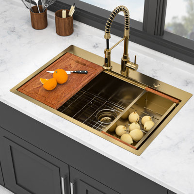 36" Drop - In Gold 16 Gauge T304 Stainless Steel Kitchen Sink With Workstation Function, X Shaped Water Flow, Condensation Coating And 3Mm Pad, Includes Drain Assembly Drying Rack 36 X 22 10 Inch