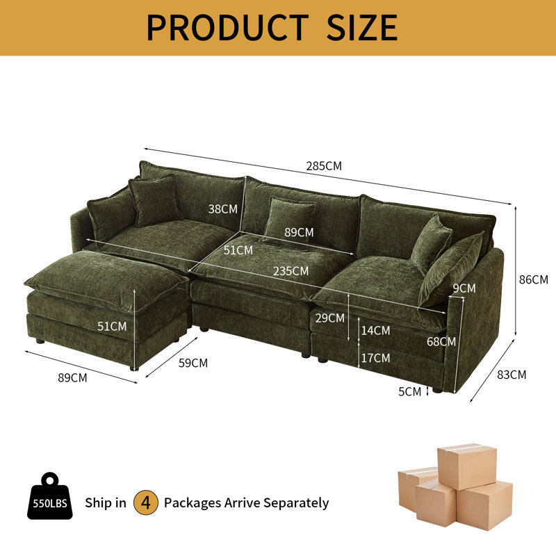 3 Seater Chenille Sofa, Green