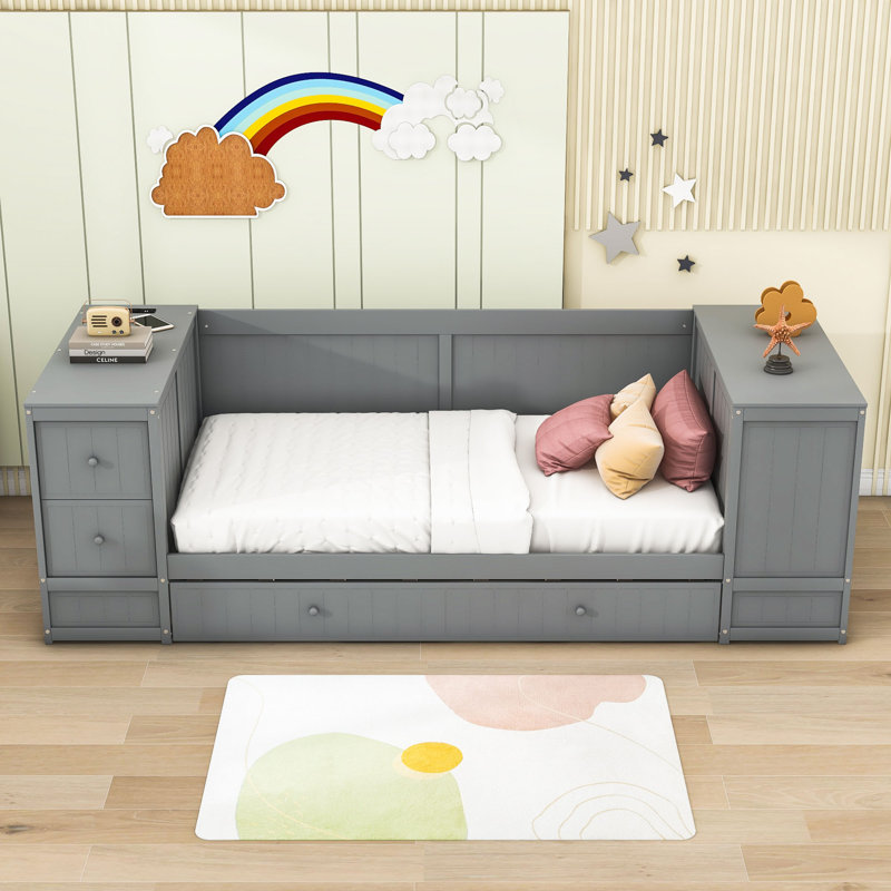 Beppie Twin Size 2 Drawers Wooden Daybed with Twin Size Trundle and Storage Arms