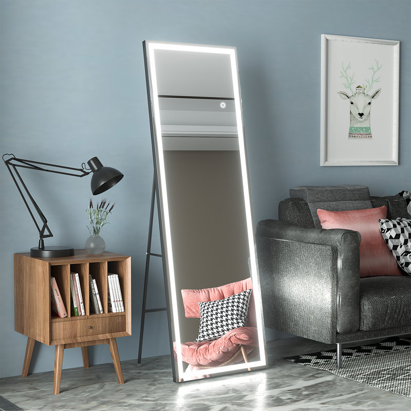 Aluminum Alloy Frame tempered Glass Led Full Length Mirror With 3 Color Temperature & Brightness Adjustment, 67" x 22"