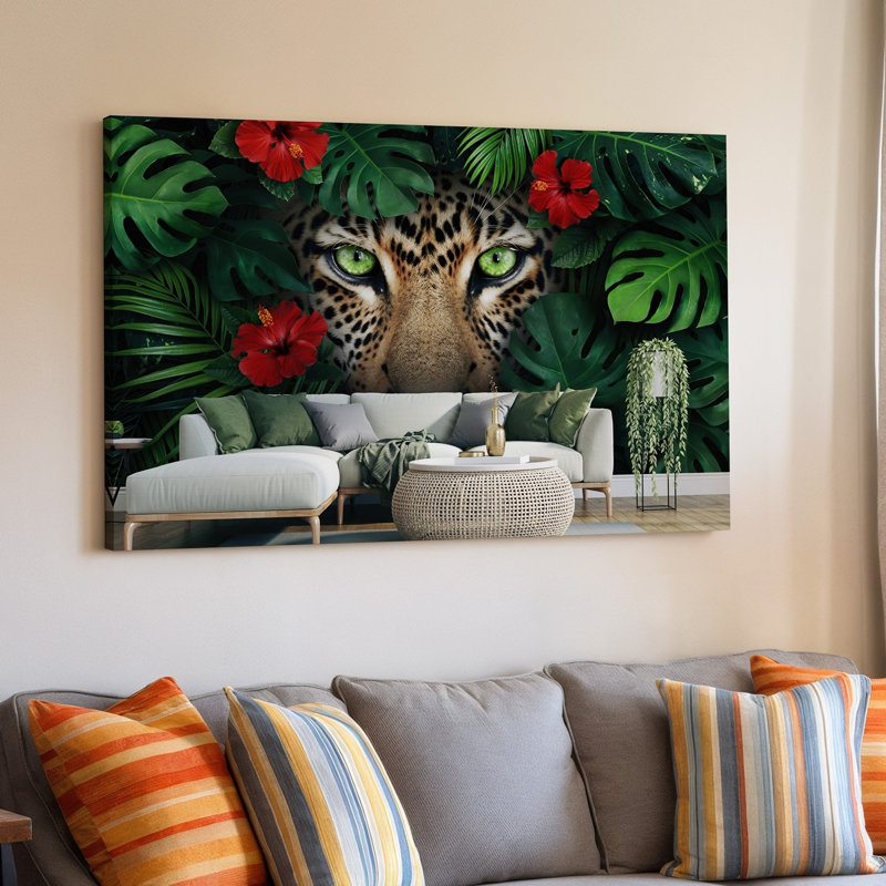 Toile, scène de jungle vibrante mettant en vedette un visage de léopard en grève, H 20 po x l 30 po
