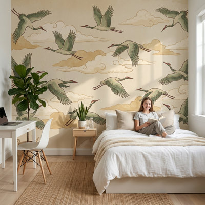 Muted Green Wallpaper Birds Vintage Wall Mural