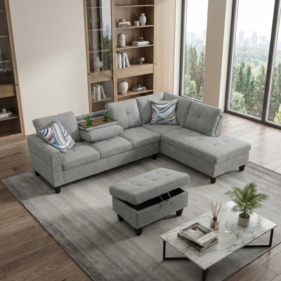Upholstered Sectional With Hidden Table And Storage Ottoman