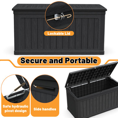 230 Gallon Waterproof Resin Xxl Deck Box In Black, Lockable, For Storing Sports Equipment And Patio Cushions, Double - Wall Design All Weather Durability, Multipurpose As Table Or Bench, 32 Width, 34
