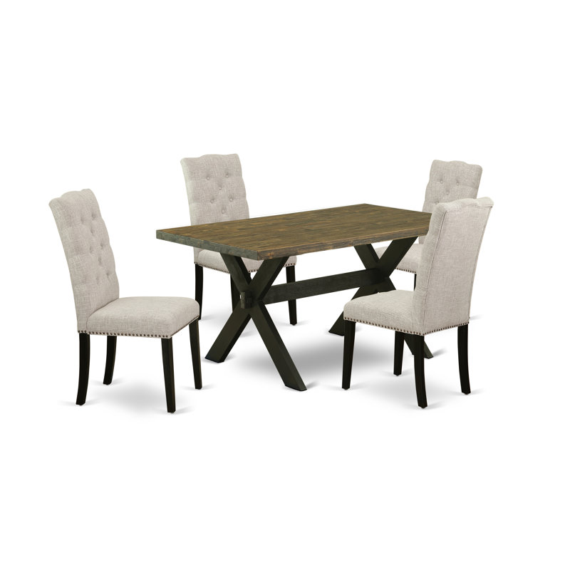 Nevia 4 - Person Solid Wood Solid Wood Top Trestle Dining Set, Distressed Jacobean, Wirebrushed Black, Doeskin