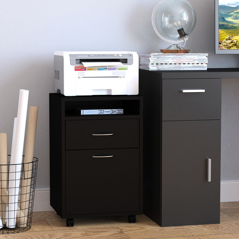Black Mobile Cabinet For Storage With Drawer And Cabinet, Printer Stand. Ample Available, Moves Smoothly, Fits Desk Space, Chest Black. Room Items, Easily Castors, Area, Construction