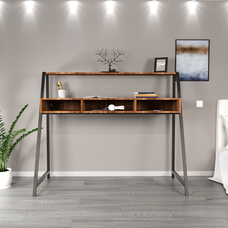 Aliona Metal Base Writing Desk, Brown/Walnut
