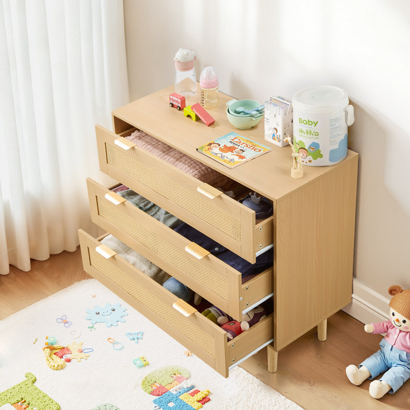 3 Drawer Rattan Dresser, Modern Closet Dresser for Bedroom, Natural Rattan Chest of Drawers with Metal Handles & Wooden Legs, Chest Clothing Organizer & Storage for Bedroom, Living Room, Hallway