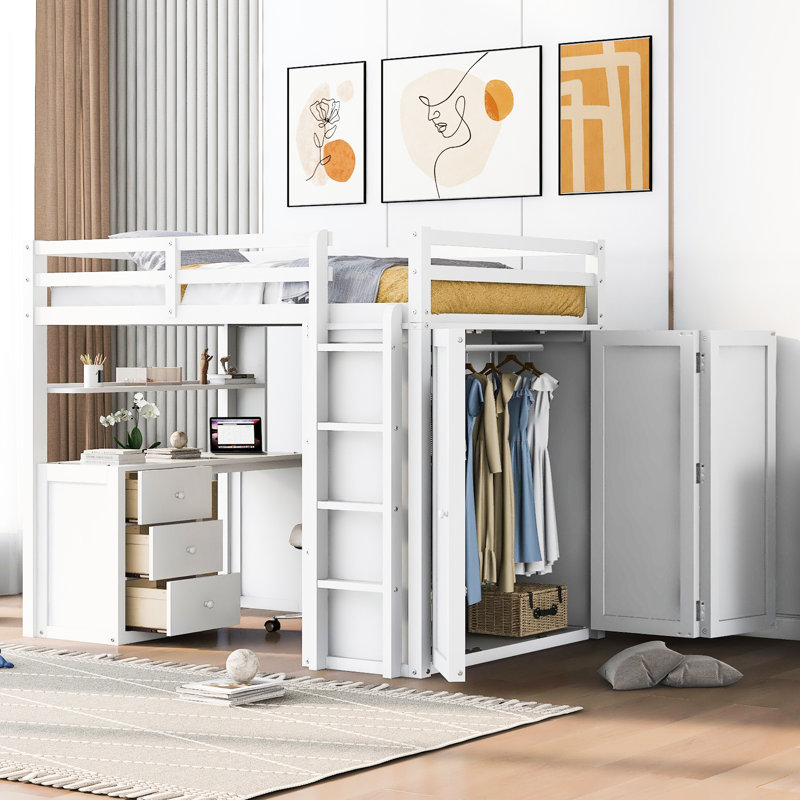 Lit mezzanine double blanc avec tiroirs, bureau et garde-robe - sécuritaire pour un sommeil de qualité sur des lattes aérées, sans sommier
