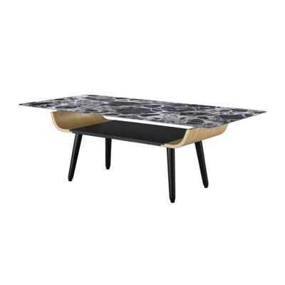 47" Coffee Table Featuring Glass Black Marble, Solid Wood, Flared Legs With Marble Glass, Bent Wood Construction & Storage