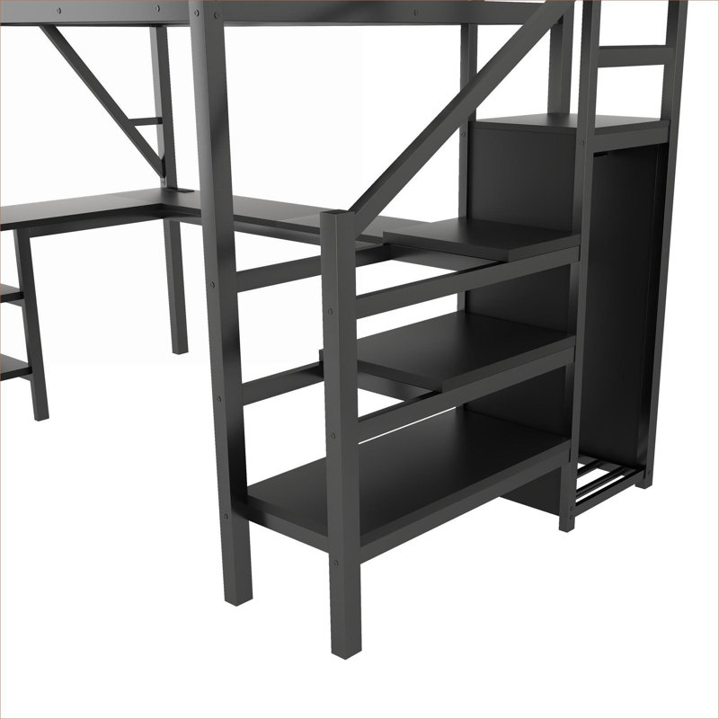 Lit mezzanine pleine grandeur tout-en-un avec rangement, structure en métal compacte avec bureau en forme de L, garde-robe et lumières DEL, noir élégant pour enfants, adolescents et adultes