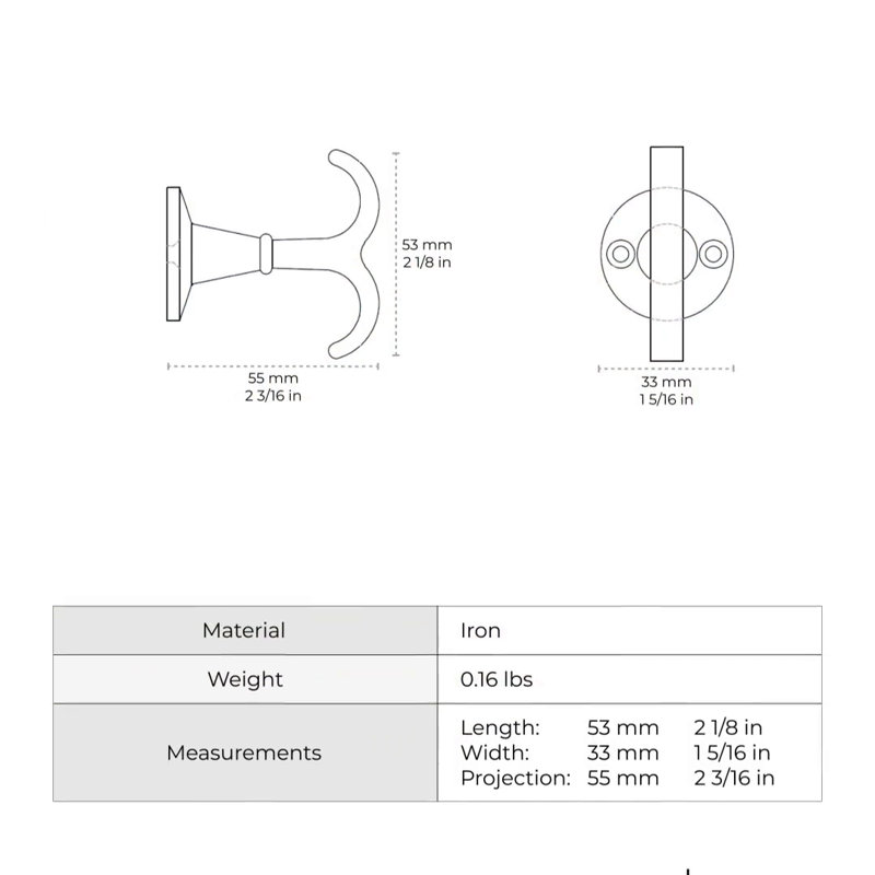 Gray Iron Double Arm Wall Hook with Screws