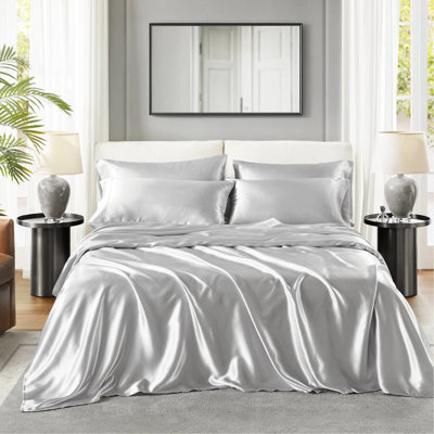 Ensemble de draps de luxe gris 100 % satin (4 pièces) pour lit simple - Infroissable, texture douce, anti-frisottis, taies d'oreiller ouvertes, adapté aux matelas de 40 cm d'épaisseur, doux pour la peau, favorise la pousse des cheveux