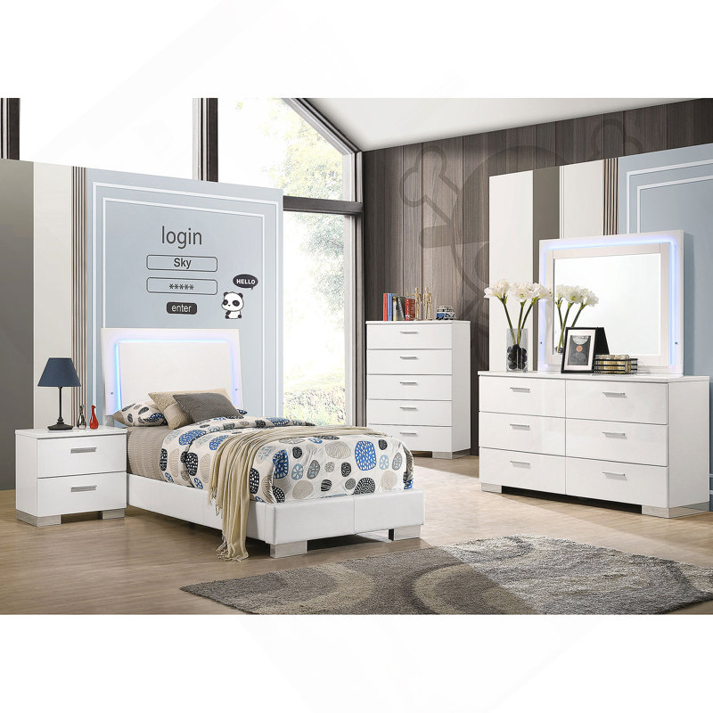 White High Gloss 4-piece Twin Bedroom Set, 4 Pieces: Bed, Nightstand, Dresser, Mirror, Twin