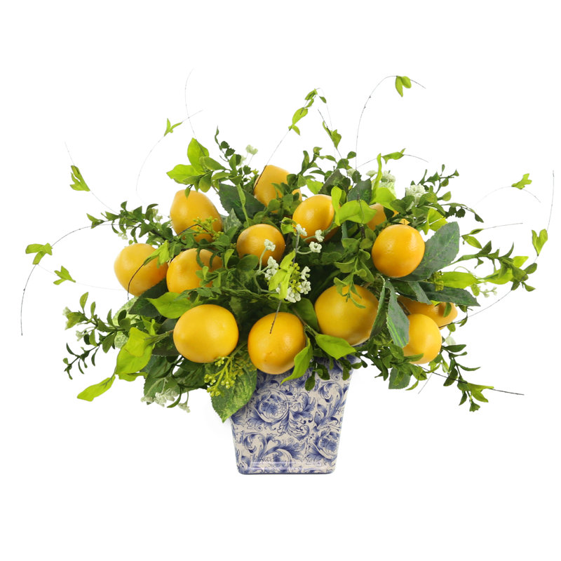 Lemon Arrangement In White Blue Ceramic Pot