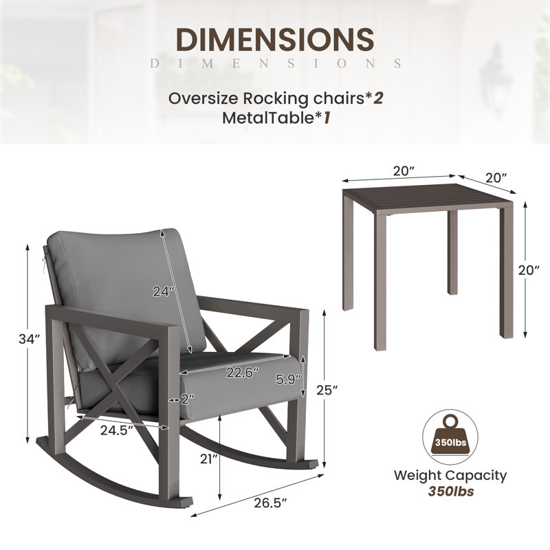 2-Person Outdoor Rocking Chair Set with Table and Cushions, Gray