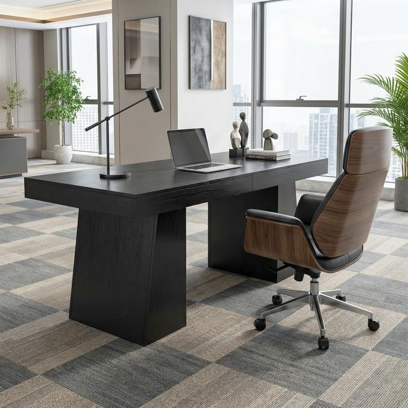 55" Mid Century Modern Executive Desk, Black Wood Office Desk with Double Trapezoid Base