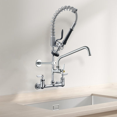 Commercial Triple Handles Wall Mount Stainless Steel  Brass Standard Kitchen Faucet In Chrome