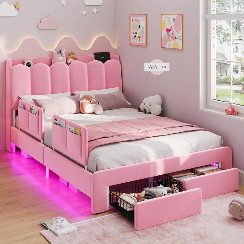 Full-Size Upholstered Led Princess Bed Frame With Storage Drawers, Hidden Storage, Safety Rails, Charging Station, Heavy-Duty Metal Stand, Pink