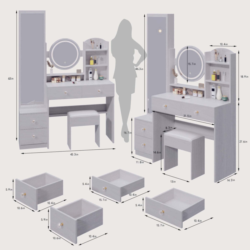 Full Body Mirror Cabinet Vanity Set with LED Vanity Table & Cushioned Stool | 17" Touch Control 3-Color LED Mirror, Built-in 2 AC + 2 USB Ports