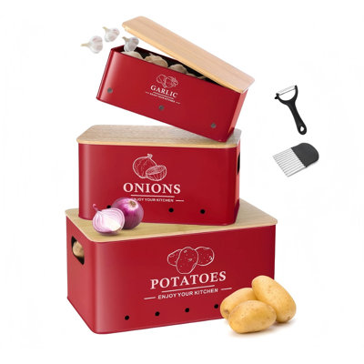 Ensemble de 3 bacs de rangement pour légumes de cuisine, ensemble de rangement pour pommes de terre à oignon et oignon en métal, contenants à légumes avec trous d'aération et