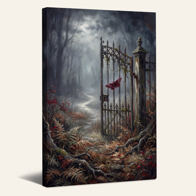 Papillon de nuit traversant une grille gothique en fer forgé dans une toile murale brumeuse d'Halloween