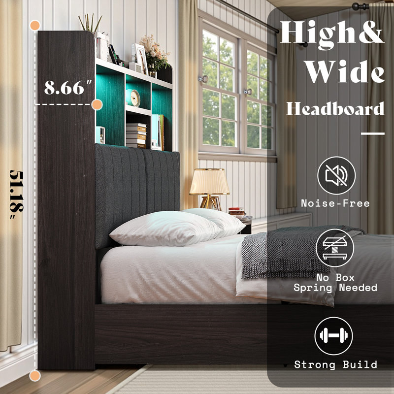 Ivy Bronx Farmhouse King Bed with LED Bookcase Headboard, 4 Storage Drawers & Charging Station, Black, Black, King