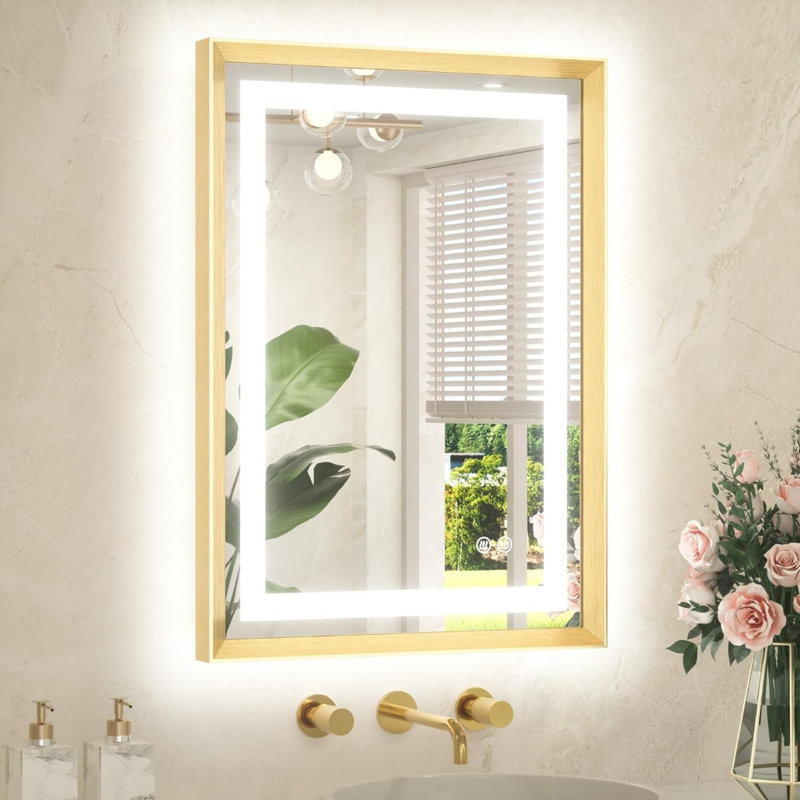 Miroir de salle de bain 22 po x 30 po à DEL avec cadre en métal doré brossé et rétro-éclairé pour salle de bain, anti-buée, réglable en continu, 3 couleurs, blanc / chaud / naturel, miroir avec lumières, fixation murale