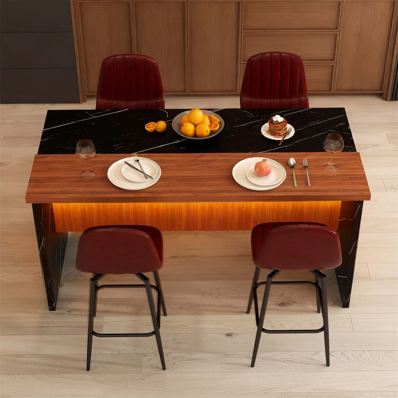 Ensemble de table de salle à manger moderne à éclairage DEL avec 4 tabourets de bar, finition en marbre noir et conception à hauteur de comptoir pour une utilisation polyvalente