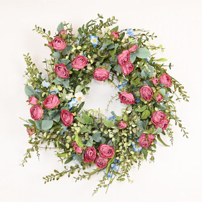 24" Artificial Spring Summer Blossom Cluster Mini Eucalyptus Greenery Foliage Rose Floral Wreath For Front Door