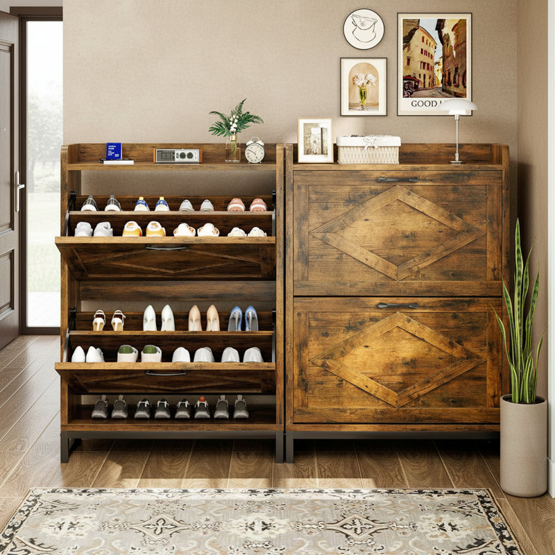 Armoire de rangement pour chaussures avec 2 tiroirs rabattables et tablette réglable