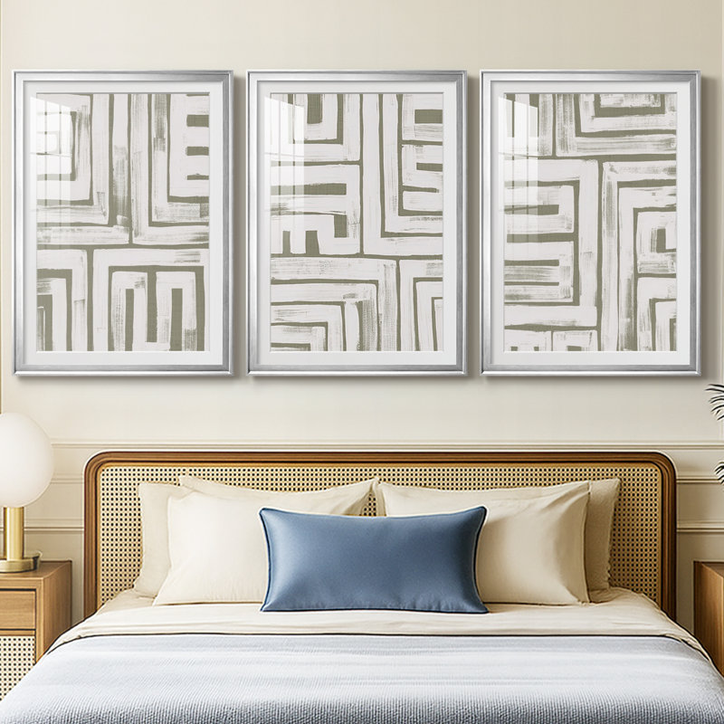 Maze Interlock I - Impression personnalisée de qualité supérieure avec cadre mat - 3 pièces, H 15 po x l 19 po, Argent argent