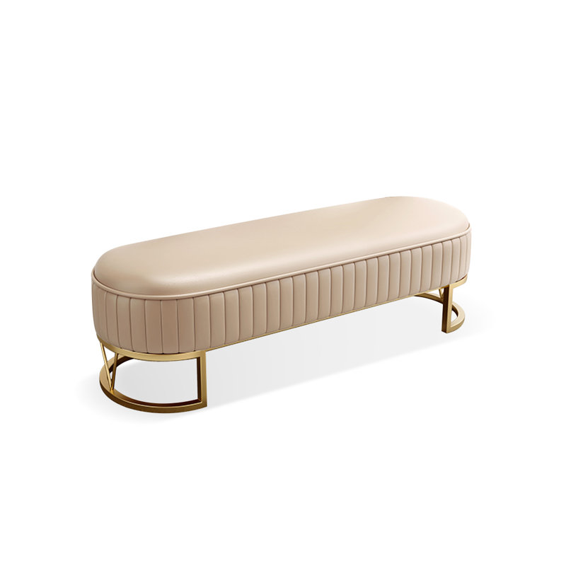 Long banc en cuir beige avec revêtement en bois et hall d'entrée moderne, H 17,72 po x l 47,24 po x P 16,54 po