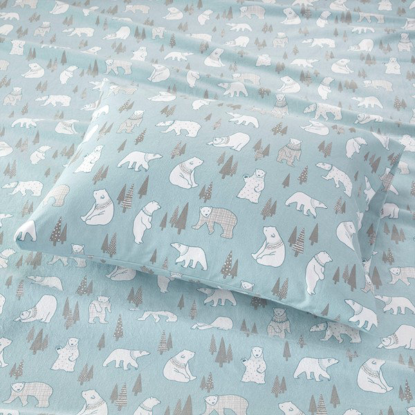 Cozy Flannel 100% Cotton Sheet Set, Queen Sheet Set with 2 Pillowcases, Blue Polar Bears