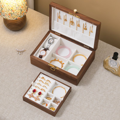  Black Walnut Wooden Jewelry Box with Lock and Key, 2 Layer Organizer for Earrings Rings Necklaces Bracelets Watches.
