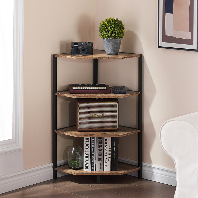 Kempst 4-Tier Corner End Table Triangular Sofa Table Corner Cabinet For Living Room, Grey Top/Black Base