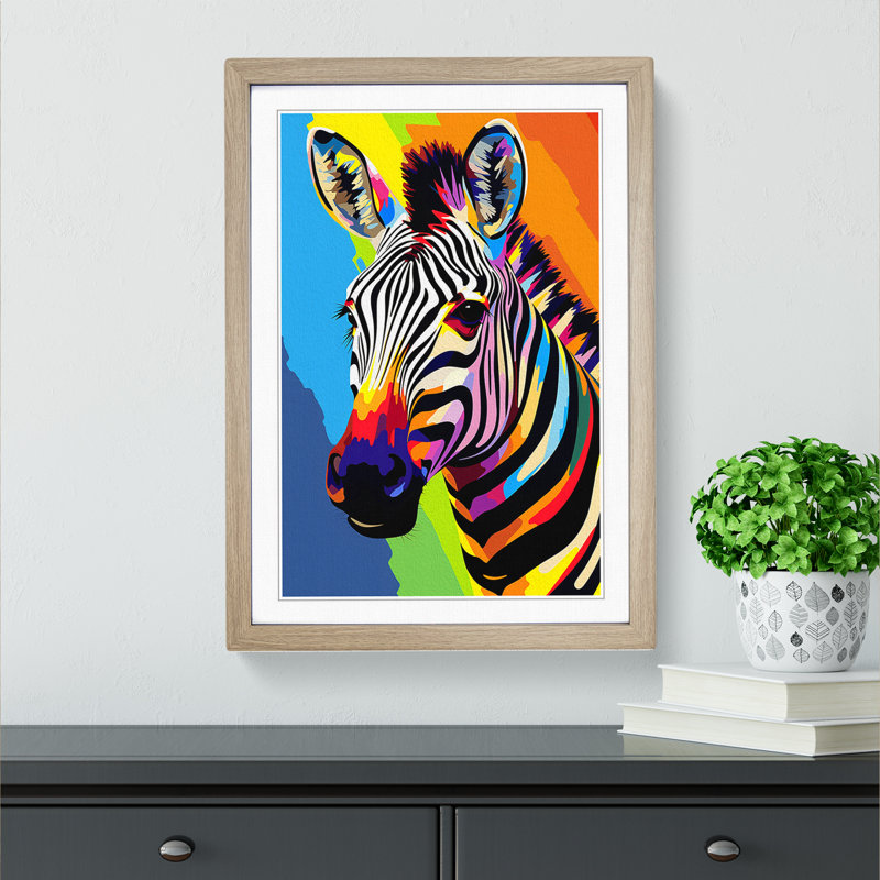 XYZ-FRM-V1223-1743 Zebra Pop - Single Picture Frame Print on Wood, 64cm H x 46cm W x 2cm D, Oak