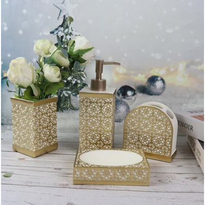 Ensemble d'accessoires de salle de bain dorés, décor de salle de bain maison de campagne, ensemble de 4 pièces en résine, nécessaire pour appartement, contenant un coton-tige, distributeur de savon, gobelet, porte-savon / plateau