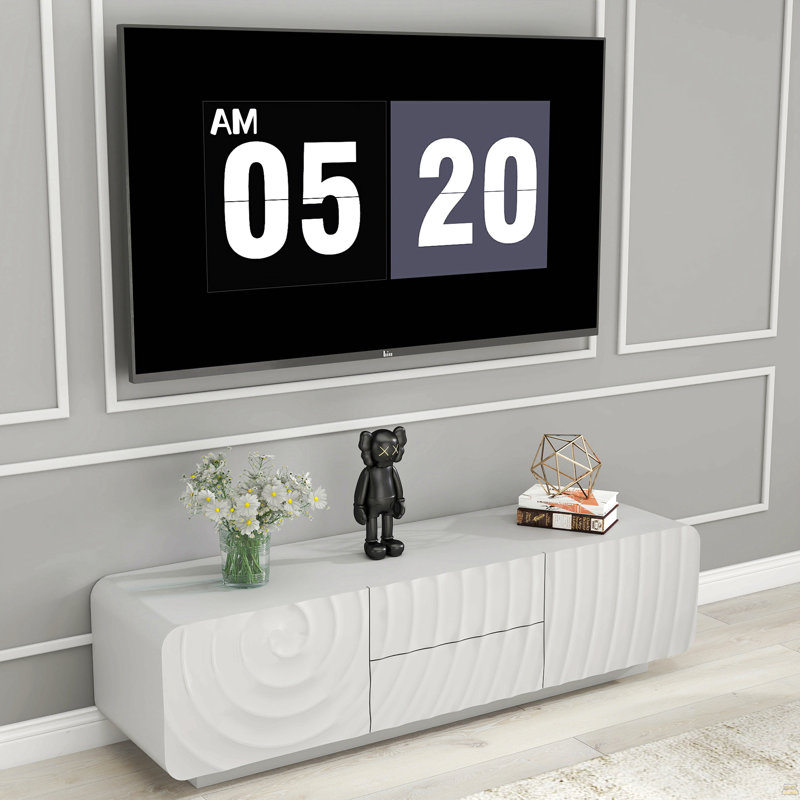 58''Tv Console With Modern Unique Spiral Wave Design With Storage Cabinet And 2 Drawers Tv Stand, White