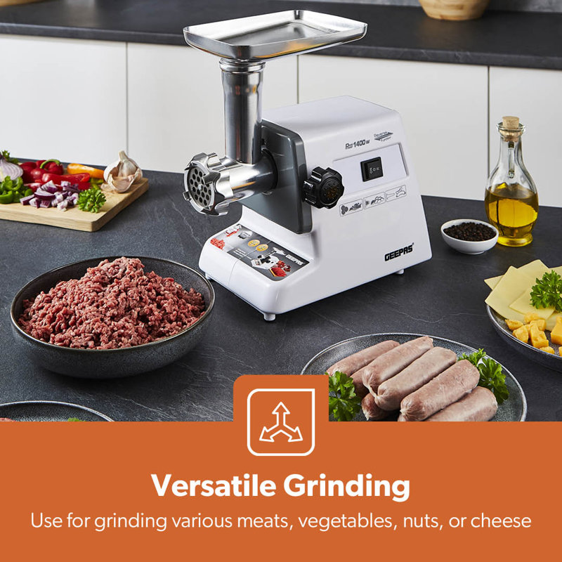 GEEPAS 1400W Electric Meat Grinder - Sausage Maker, Meat Mincer, Sausage Stuffer Food Grinding Mincing Machine with Kibbe Attachment – 3 Different Cutting Plates, Reverse Function – 2 Year Warranty